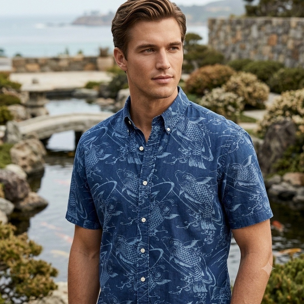 Polo Ralph Lauren Koi Fish Print Button Down Shirt Men 2XLT Navy Blue Tall